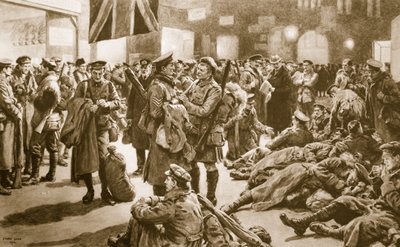 Nach dem flüchtigen Urlaub: Britische Veteranen warten auf den Flandern-Schützengraben-Sonderzug in Victoria, 1914-19 von Frank Dadd